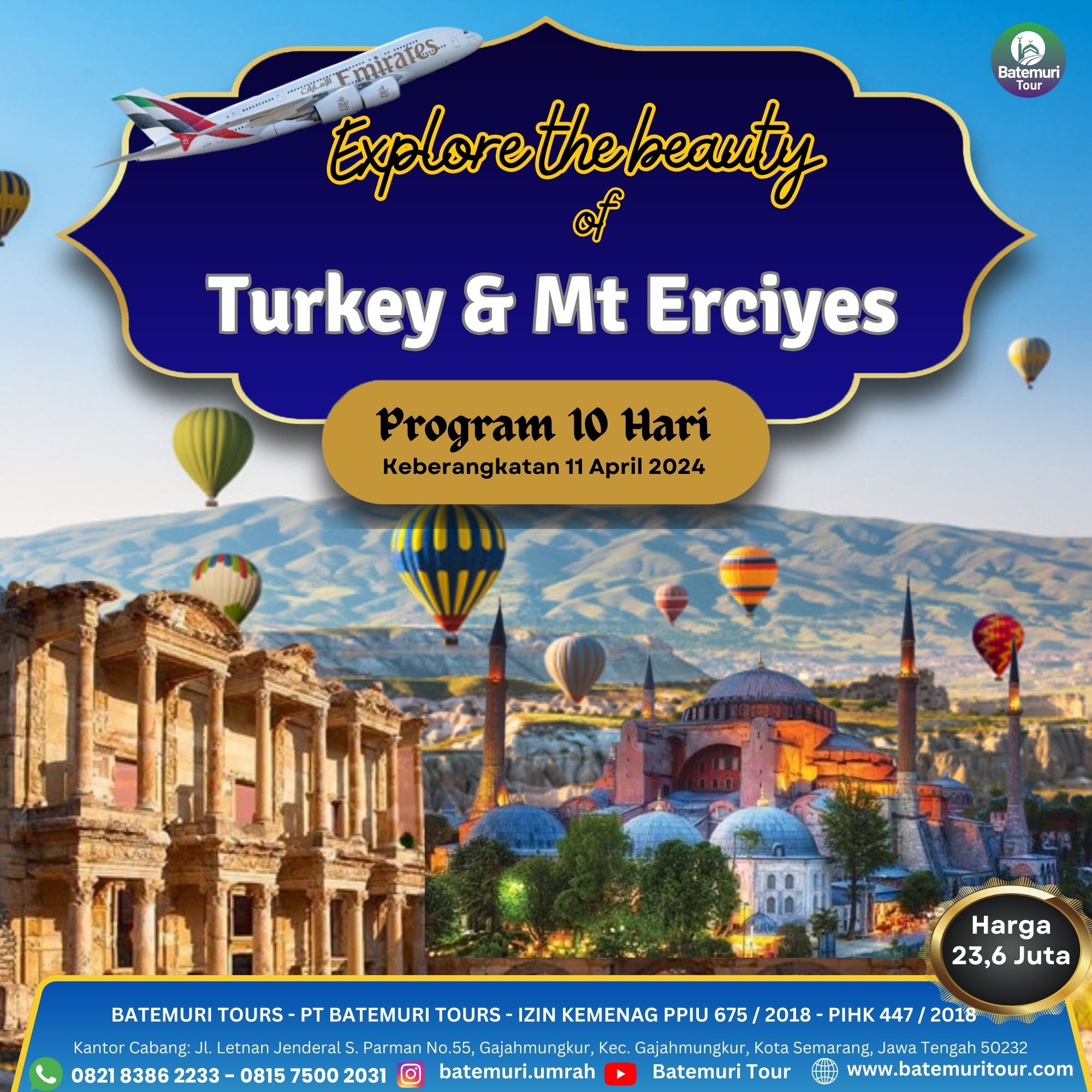 10 Days Journey Turkiye Tulip +MT Erciyes, RH Tour , Paket 10 hari 7 mlm,  Keberangkatan 11 April  2024